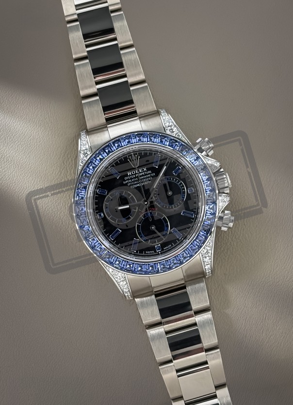 ROLEX DAYTONA WHITE GOLD SILVER SHEEN OBSIDIAN DIAL SAPPHIRE BEZEL